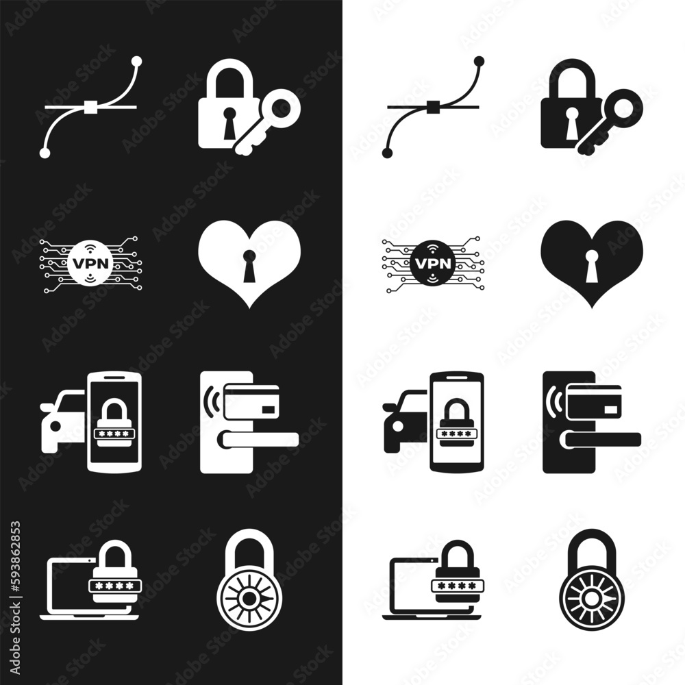 Poster set heart with keyhole, vpn microchip circuit, bezier curve, lock and, smart car security system and