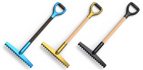 Set of garden tools and supplies for gardener and flower pots in garden