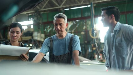 auto car service maintenance concept, customer person discussion and talking with mechanic technician for automobile occupation job to vehicle checking and repair, meeting with client in garage