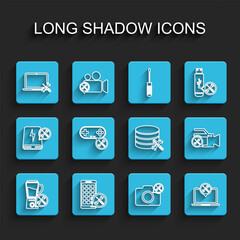 Set line Blender service, Mobile Apps, Laptop, Photo camera, Gamepad, Video and Database server icon. Vector