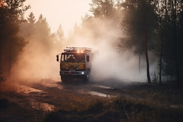 Obraz na płótnie Canvas unrecognizable Firefighter extinguishing wildfire with fire truck Generative AI