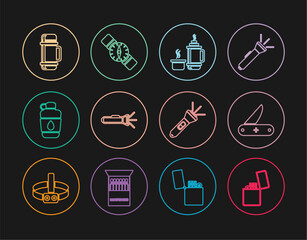 Set line Lighter, Swiss army knife, Thermos container, Flashlight, Canteen water bottle, and Compass icon. Vector