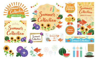 ポップで可愛い 夏イメージのイラストとサマーフレームコレクションセット_黄色オレンジ