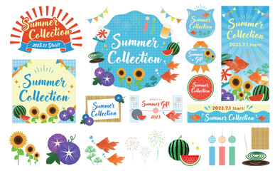 Naklejka premium ポップで可愛い 夏イメージのイラストとサマーフレームコレクションセット_水色