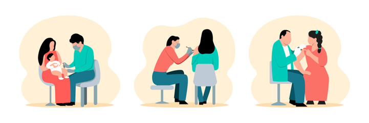 Set of cartoon characters getting protection from diseases. Time for making vaccines. Flu, influenza or coronavirus vaccination. Boosting immune system health. Vector