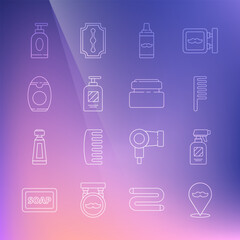 Set line Barbershop, Hairdresser pistol spray bottle, Hairbrush, Shaving gel foam, Bottle of shampoo, Cream or lotion cosmetic tube and icon. Vector