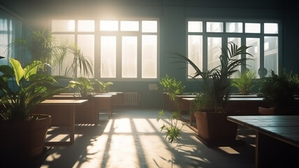 Empty abstract background of classroom in school with potted green plants. Generative AI