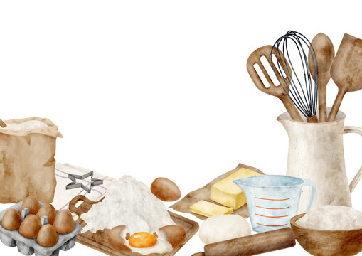 Watercolor baking ingredients background. Border frame with cooking utensils in jug, flour bag, dough, eggs, butter, isolated on transparent. Kitchen tools illustration. Bakery banner, cookbook, blog