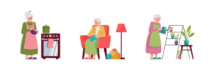 Set of cartoon characters of grandmothers doing their household duties. Time for cooking, knitting and watering plants. Concept of housekeeping and retirement. Happy old age. Vector
