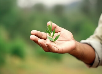 Farmer holding a small tea young plant in hand on blurred nature background. High quality photo
