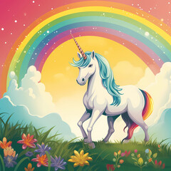 Naklejka na ściany i meble Unicorn on Meadow with Rainbow in the Background