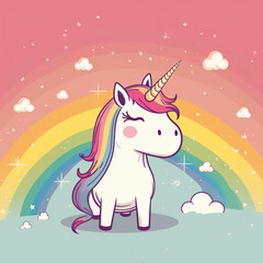 Cartoon Unicorn with Rainbow in the Background