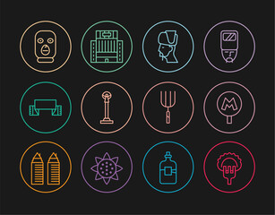 Set line Dumplings on fork, Metro Underground, Ukrainian cossack, Monument of Independence, Embroidered towel, Thief mask, Garden pitchfork and Hotel Ukraina building icon. Vector