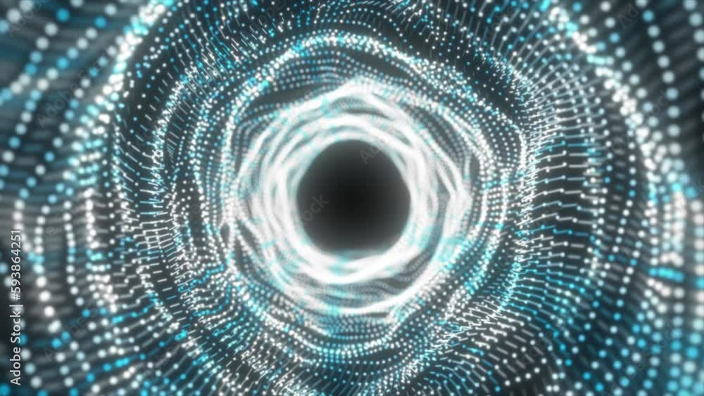 Poster abstract blue energy tunnel made of particles and a grid of high-tech lines with a glowing backgroun
