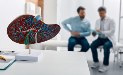 Liver anatomical model on doctor's table during hepatologist consultation for patient with side pain in background. Treatment liver diseases in medicine, conceptual image - obrazy, fototapety, plakaty