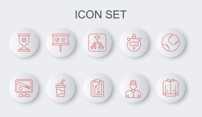 Set line Baseball t-shirt, Monitor with baseball game, Championship tournament bracket, player, Award cup, Planning strategy, Paper glass water and icon. Vector