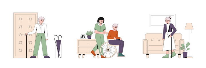 Set of colored cartoon characters of different senior people. Old people having health problems. Helping with household chores. Taking care of seniors. Vector