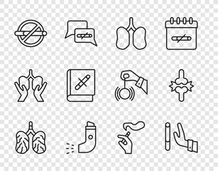 Set line Disease lungs, Giving up cigarette, Lungs, Inhaler, No smoking, Book with stop, Hand and Joint pain, knee pain icon. Vector