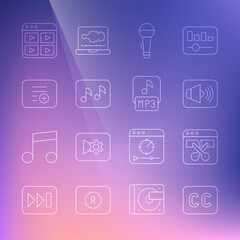 Set line Subtitles, Video recorder or editor, Speaker volume, Microphone, Music note, tone, Add playlist, and MP3 file icon. Vector
