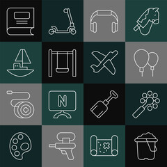 Set line Sand in bucket, Rattle baby toy, Balloons, Headphones, Swing, Toy boat, Book and plane icon. Vector