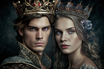 Young Beautiful king and queen romantic scene ,fantasy couples ,Royal couples romance art by Generative AI - obrazy, fototapety, plakaty