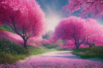 Naklejka na ściany i meble Romantic tunnel of pink sakura blossom trees in the spring, generative AI