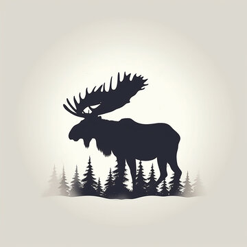 Silhouette of moose in forest. Large hoofed beast..