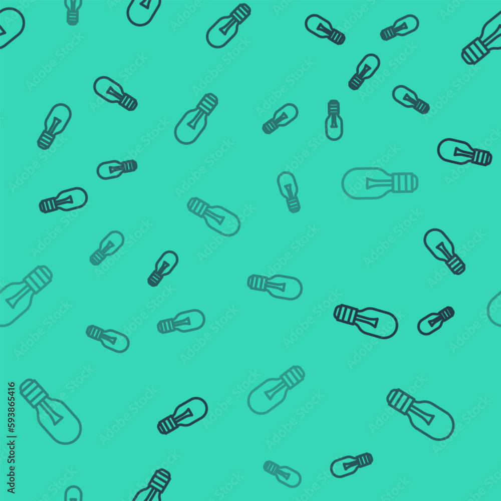 Poster black line light bulb with concept of idea icon isolated seamless pattern on green background. energ