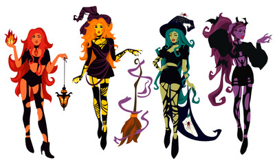 A set of beautiful young witches, colored witches. Green, yellow, purple and red witch. Halloween costume concept. Modern vector illustration, hand-drawn. Templates of posters stickers for the holiday