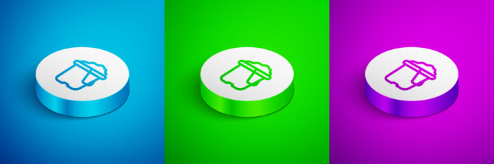 Isometric line Sand in bucket icon isolated on blue, green and purple background. Plastic kid toy. Summer icon. White circle button. Vector
