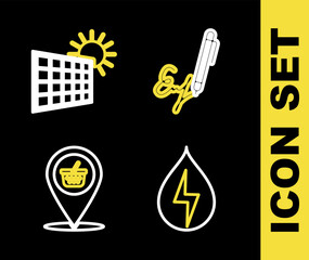 Set line Signature, Water energy, Location shopping basket and Solar panel and sun icon. Vector