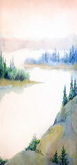 Watercolor landscape. Forest on the hills above the river