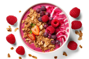 Raspberry smoothie bowl with granola and coconut chips