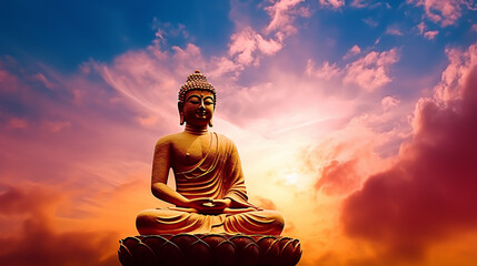 Buddha statue with sunset sky. 