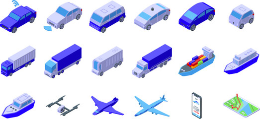 Artificial intelligence in transport icons set isometric vector. Digital car. City road