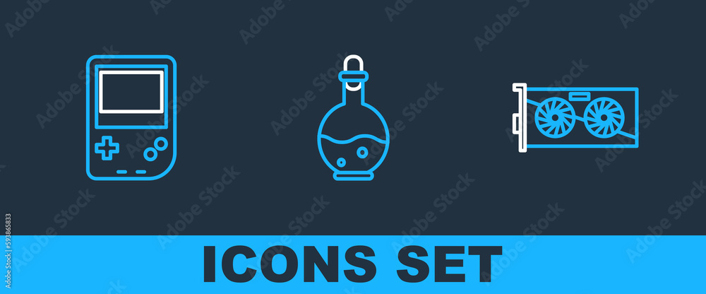 Poster set line video graphic card, portable video game console and bottle with magic elixir icon. vector