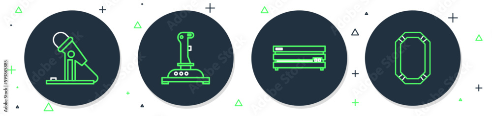 Poster set line joystick for arcade machine, video game console, microphone and poker table icon. vector
