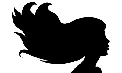The silhouette of a beautiful woman with long hair flowing in the wind in profile. Template for postcards, greetings, flyers, banners for a beauty salon, hairdresser or Women's Day on March 8