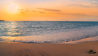 Closeup sea sand beach. Panoramic beach landscape. Inspire tropical beach seascape horizon. Orange and golden sunset sky calmness tranquil relaxing sunlight summer mood. Vacation travel, Ai generated 