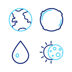 Set line Eclipse of the sun, Water drop, Moon and Earth globe icon. Vector