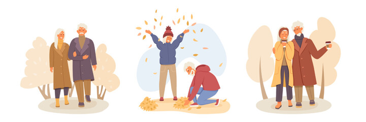 Set of cartoon characters of senior couples enjoying autumn together. Positive grandparents in fashionable outfits. Happy old age. Cool lifestyle of pensioners. Vector