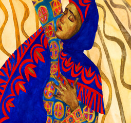 Fototapeta premium Watercolor drawing of praying woman in ancient clothes