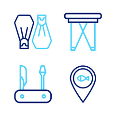 Set line Location fishing, Swiss army knife, Folding chair and Rubber flippers for swimming icon. Vector