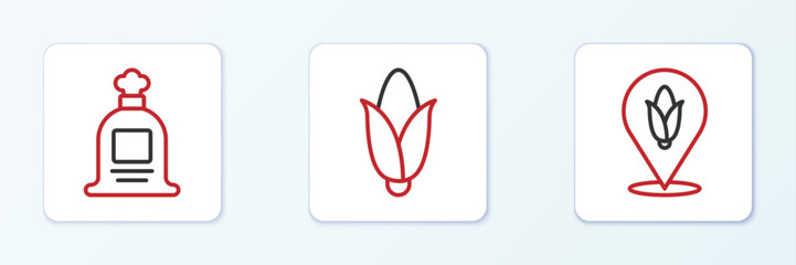 Set line Location corn, Full sack and Corn icon. Vector