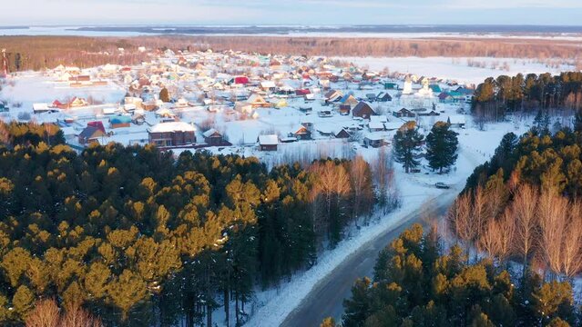 Western Siberia, Khanty-Mansi Autonomous Okrug, Tundrino village. Aerial view.