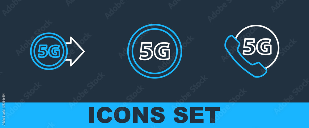 Poster set line phone with 5g network, and globe sim card icon. vector
