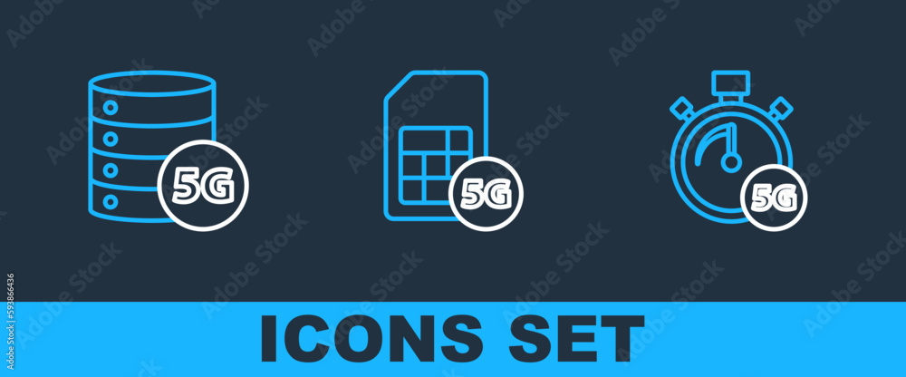 Poster set line digital speed meter 5g, server network and sim card icon. vector