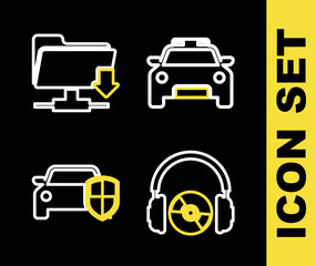 Set line Police car and flasher, Headphones CD or DVD, Car protection insurance and FTP folder download icon. Vector