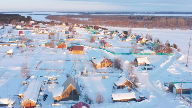Western Siberia, Khanty-Mansi Autonomous Okrug, Tundrino village. Aerial view.