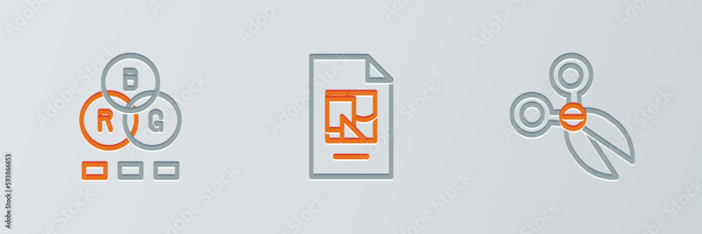 Poster set line scissors, rgb color mixing and file document icon. vector